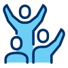 Icon illustration of a group of people with their hands up