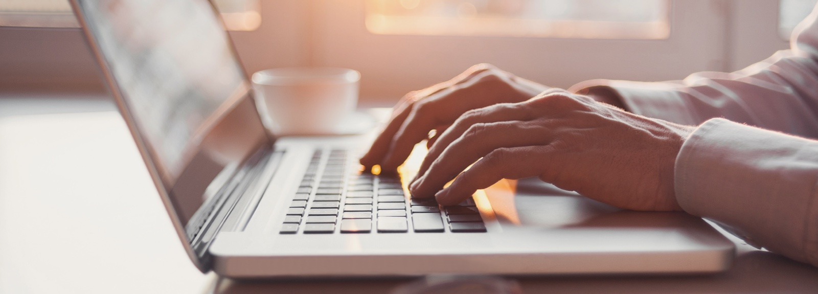 Close up of a person's hands using a laptop keyboard