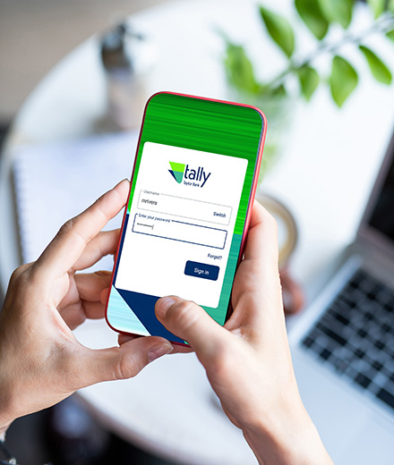 Tally by Taylor Bank mobile login screen.
