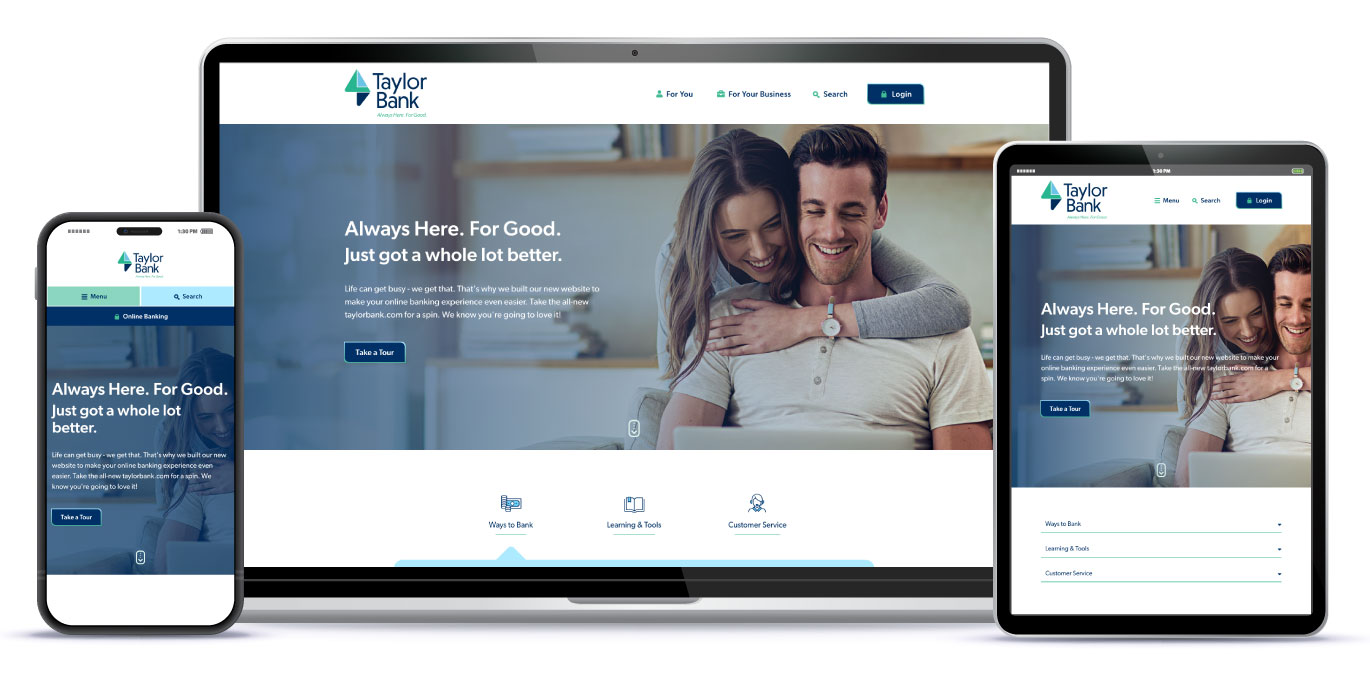 Device mockups of the Taylor Bank website